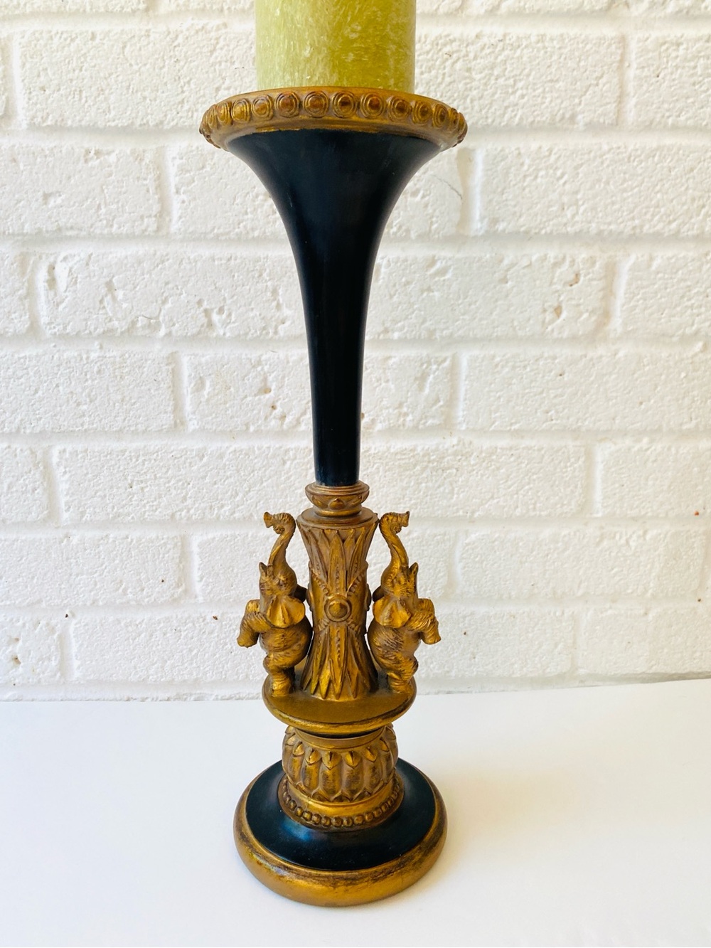 Gold & Black Metal Wood Elephant Trunk Up Pillar Candle Holder Hollywood
Regency
